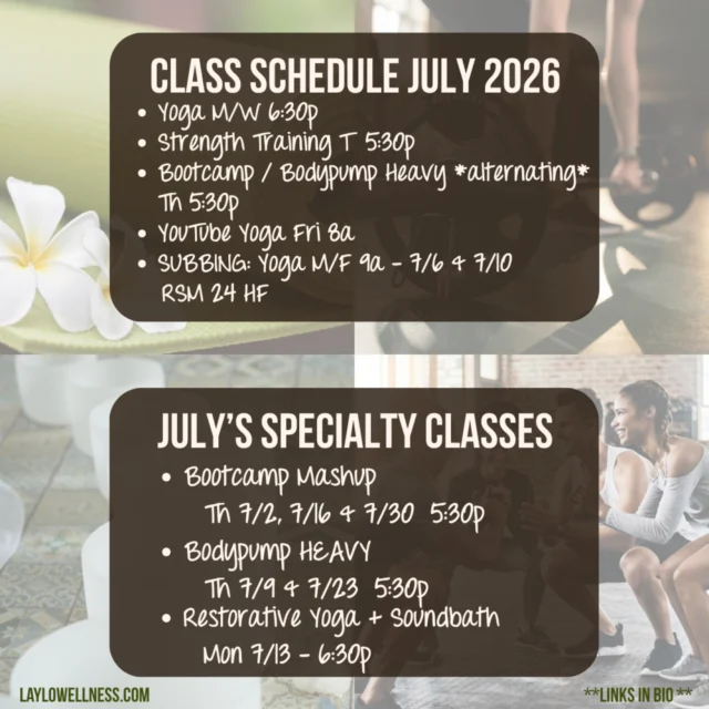 The July schedule is up. 📆

🧘‍♀️ Yoga holds Monday and Wednesday at 6:30.
💪🏻 Strength Training runs Tuesday at 5:30.
🏋🏻‍♀️ Thursday alternates Bodypump Heavy and Bootcamp, both at 5:30.
✨ Friday morning stays open with YouTube yoga at 8.

Summer schedules fall apart fast. Pick your days now and the month runs itself.

Bring someone with you. A standing workout with a friend becomes the one social plan you both keep, and you get the session and the catch-up in one trip. It also gives you a reason to see her instead of trading "we should grab coffee soon" texts that never turn into coffee.

Specialty classes shift the pace:
✅ Bootcamp Mashup (7/2, 7/16 + 7/30): higher energy, mixed training

✅ Bodypump Heavy (7/9 + 7/23): slow, controlled, strength-focused

✅ Restorative Yoga + Soundbath (7/13): slow your whole system down

Save the schedule. Pick your days. 📆

Text a friend the class they should join you in!

Links in bio.

*
*
*
*
*
#FitLifeJourney #HealthyHabitsClub #SweatEquity #FitnessFuel #WellnessWarrior #WorkoutMotivation #StrengthAndSweat #FitLifeBalance #FitnessInspiration #MindfulMovement #FitnessGoals #ExerciseEveryday  #yogaflows #fityogi #yogabalance #asanas #beginneryoga #yogagoals #yoga4growth #yogaprogress #yogaforeverybody #yogaday #yogaover40 #yogaover50 #yogaover60 #slowflowyoga #livelongerlivebetter #longevity